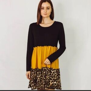 Shein Curve 1X babydol black mustard yellow leopard print colorblock dress